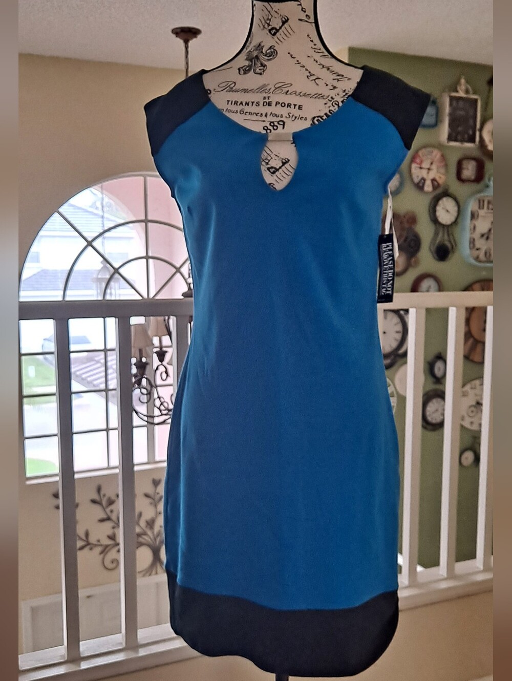 Blue Shift Dress with Black Accents